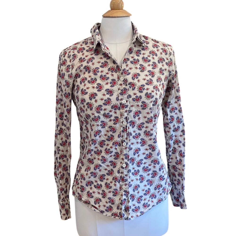 J.Crew Perfect Button Down Shirt, Red Blue Allover Print, Classic, Preppy Size 2
